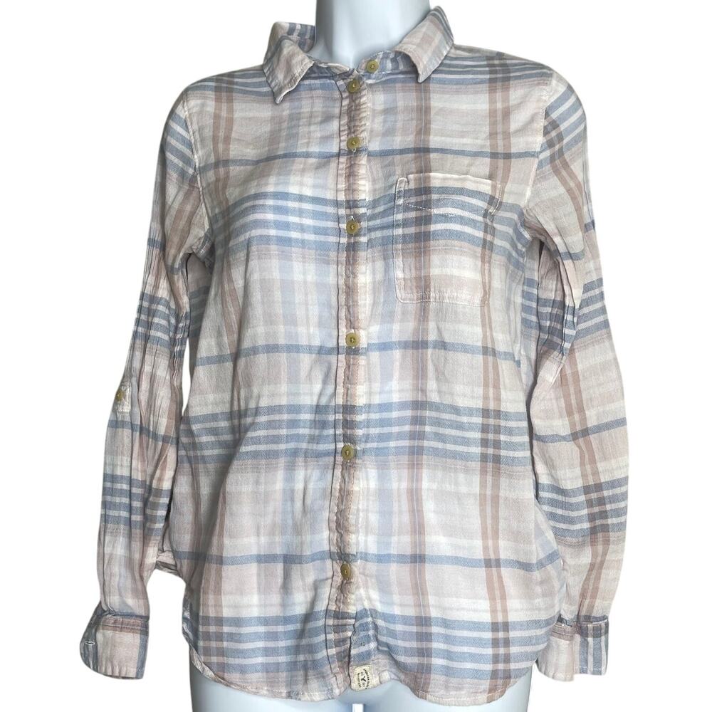 American Eagle Boyfriend Shirt Womens Size S Pastel Pink Blue Plaid Button Up